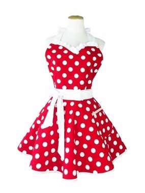Red Polka Dot Halter Swing Apron with White Trim